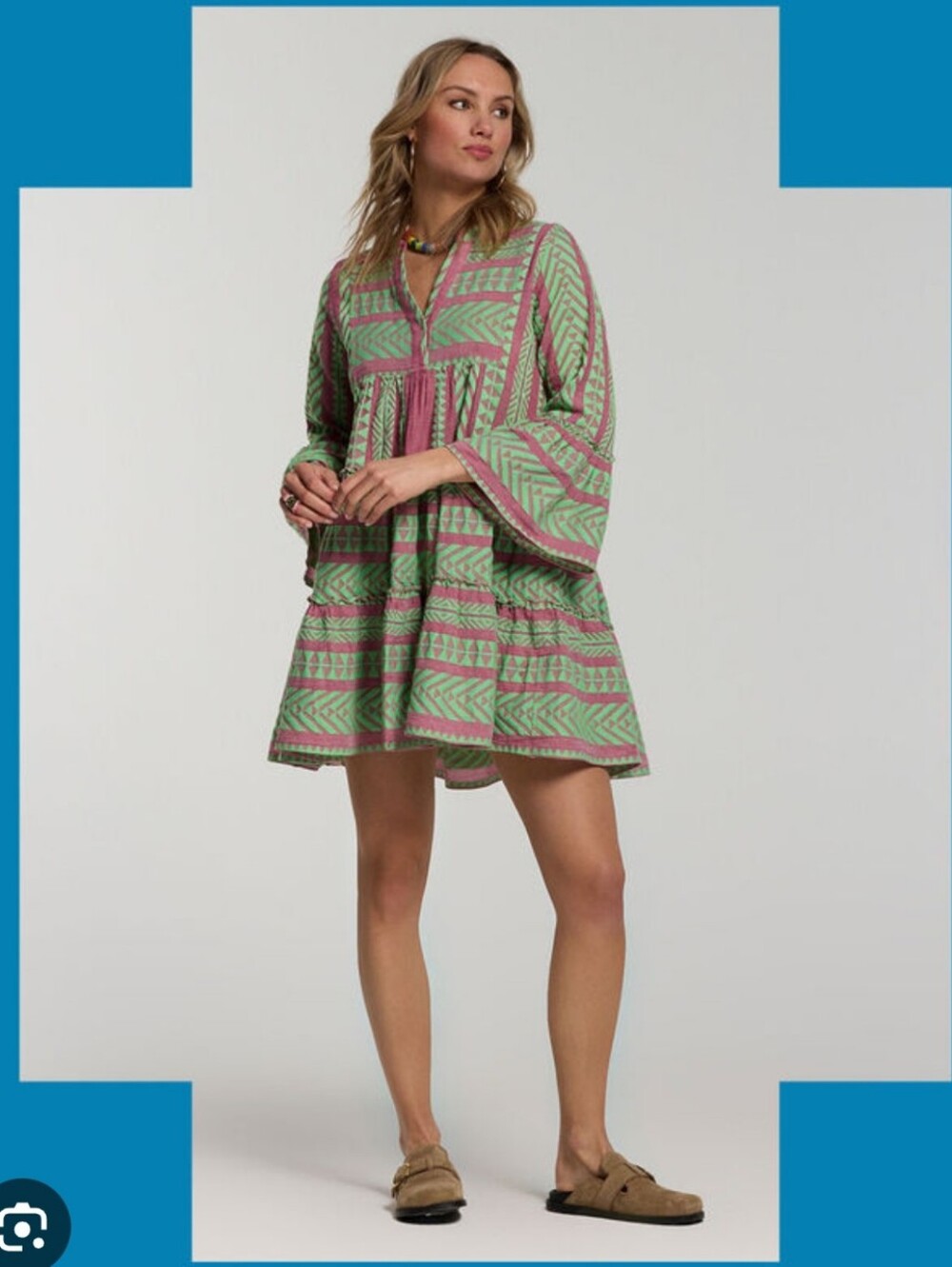 Devotion Twins Ella Geometric Chevron Tiered Tunic Dress Pink Green XS